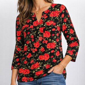 Carolyn Taylor Women Floral Blouse Black Red Rose Print 3/4 Sleeve Stretch Size